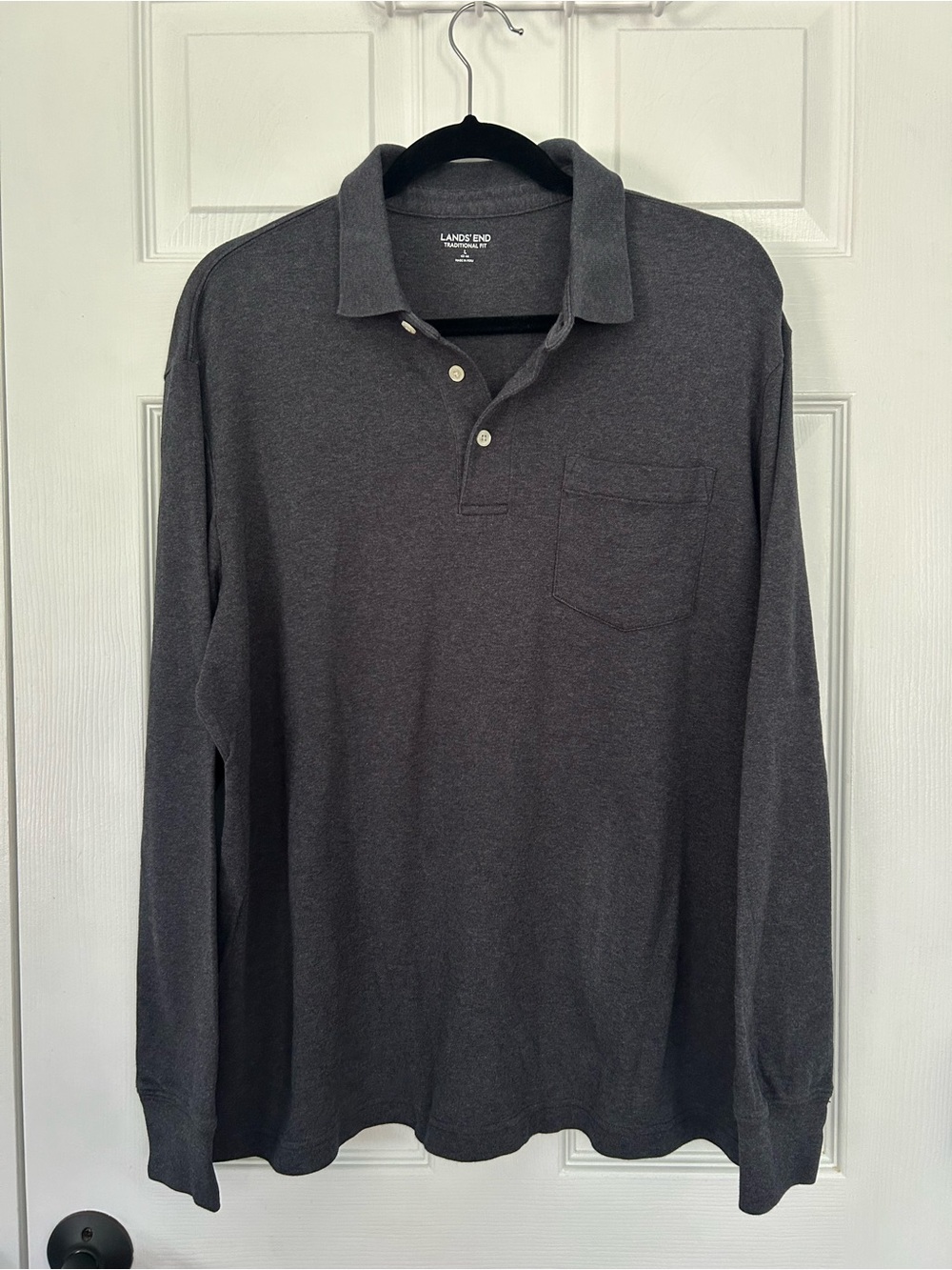 Lands' End Men's Long-Sleeve Polo Shirt - Charcoal Gray Traditional Fit Large